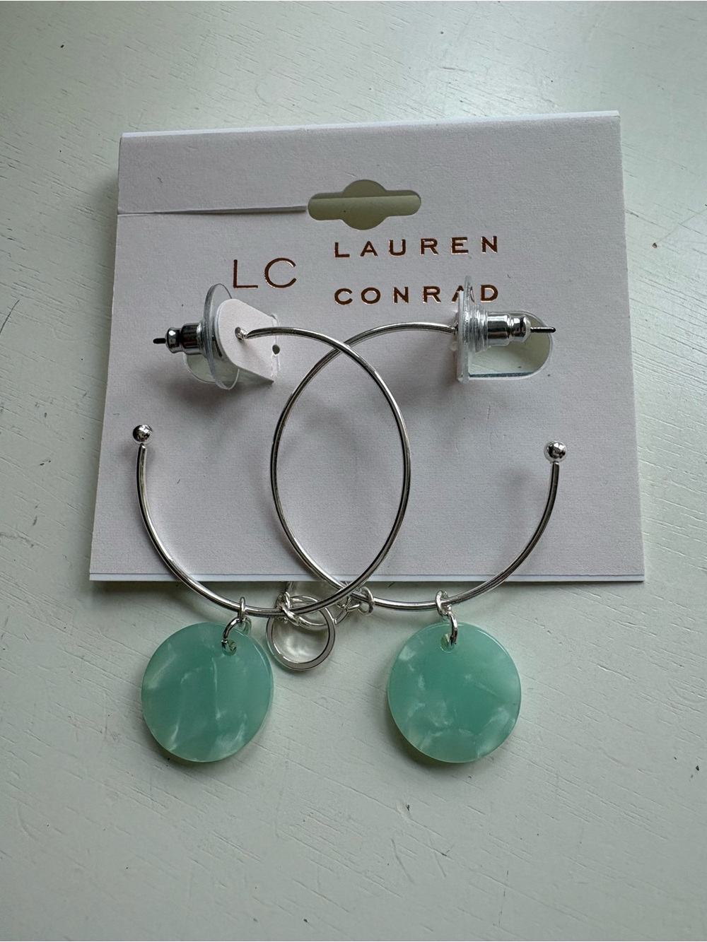 Lauren Conrad Silver Hoop Earrings with Mint Resin Discs